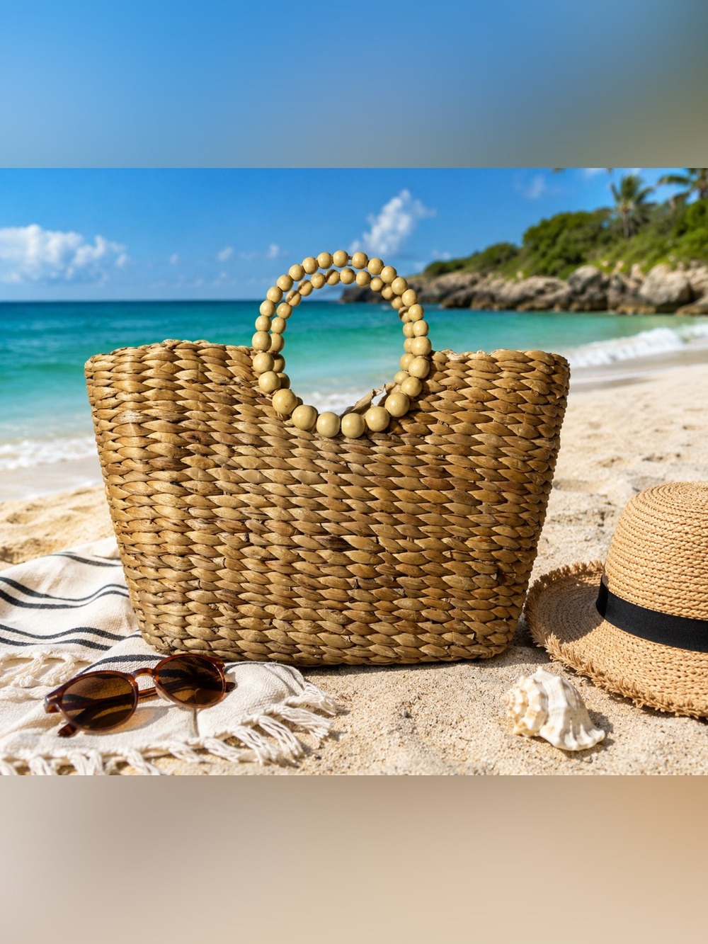 Natural Woven Tote Bag with Wooden Handles